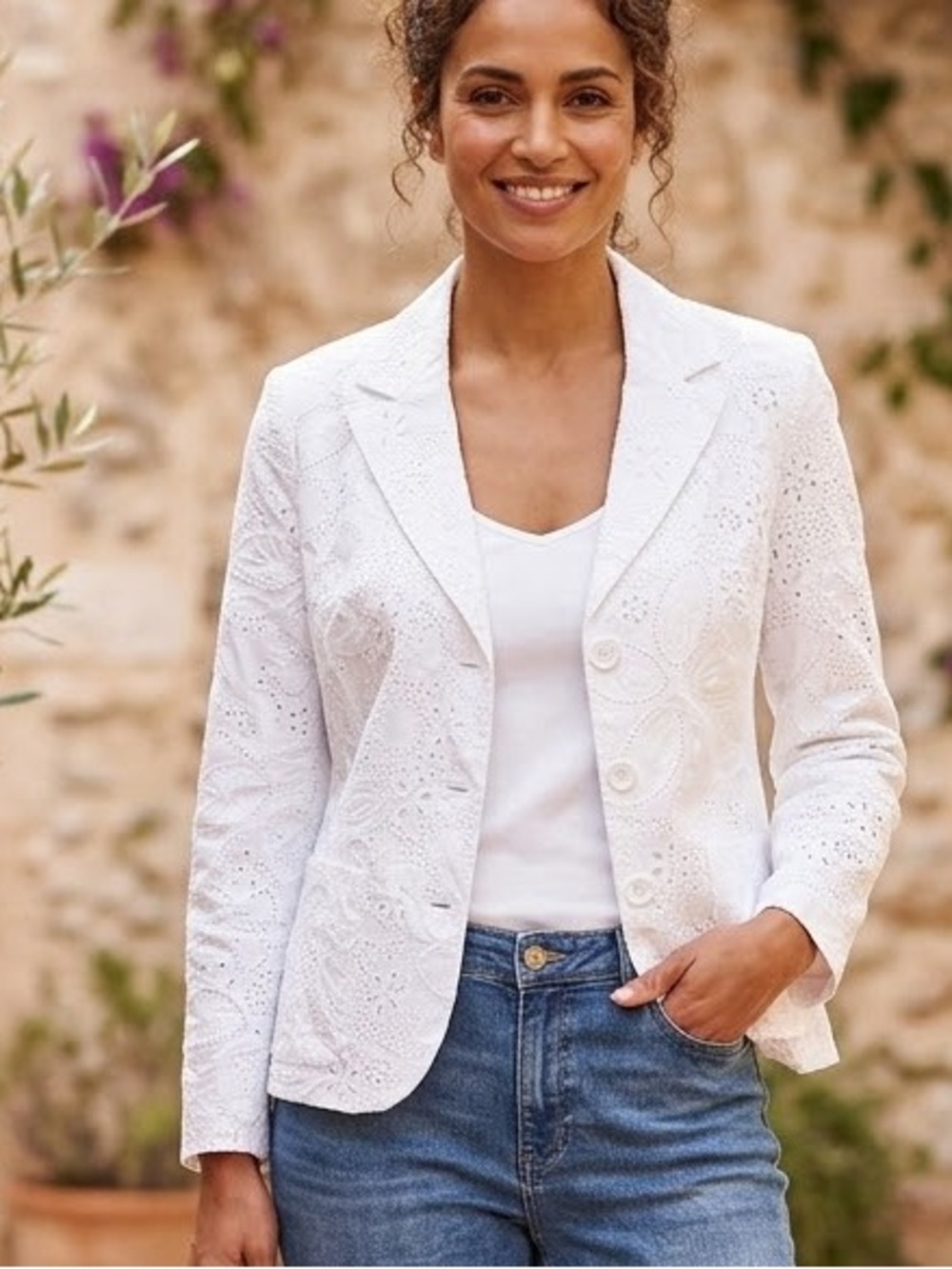 Rena Lange White Floral Embroidered Cotton Lined Blazer Jacket Women’s Sz 6